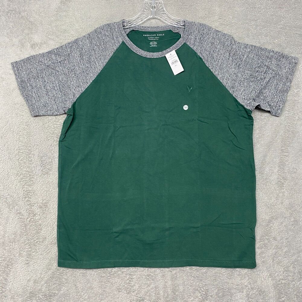American Eagle Shirt Mens Large Green Raglan Crew Neck Tee Short Sleeve